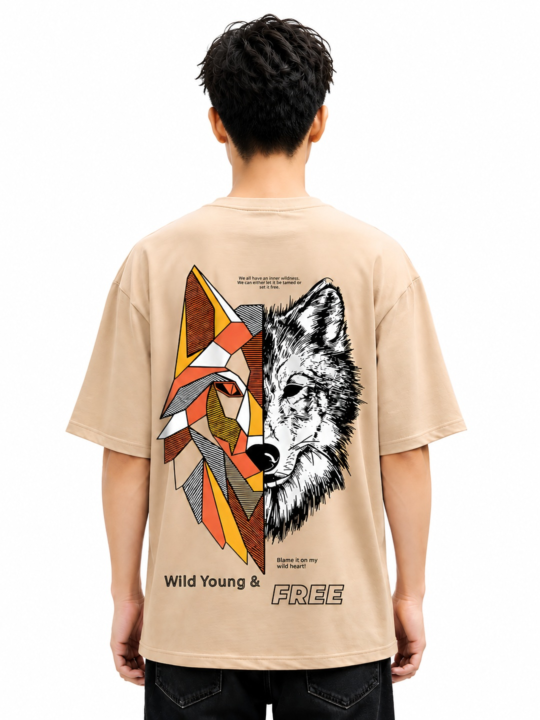 TEDWOODS Men Wolf Printed T-Shirt (Beige & Black) - Image 2