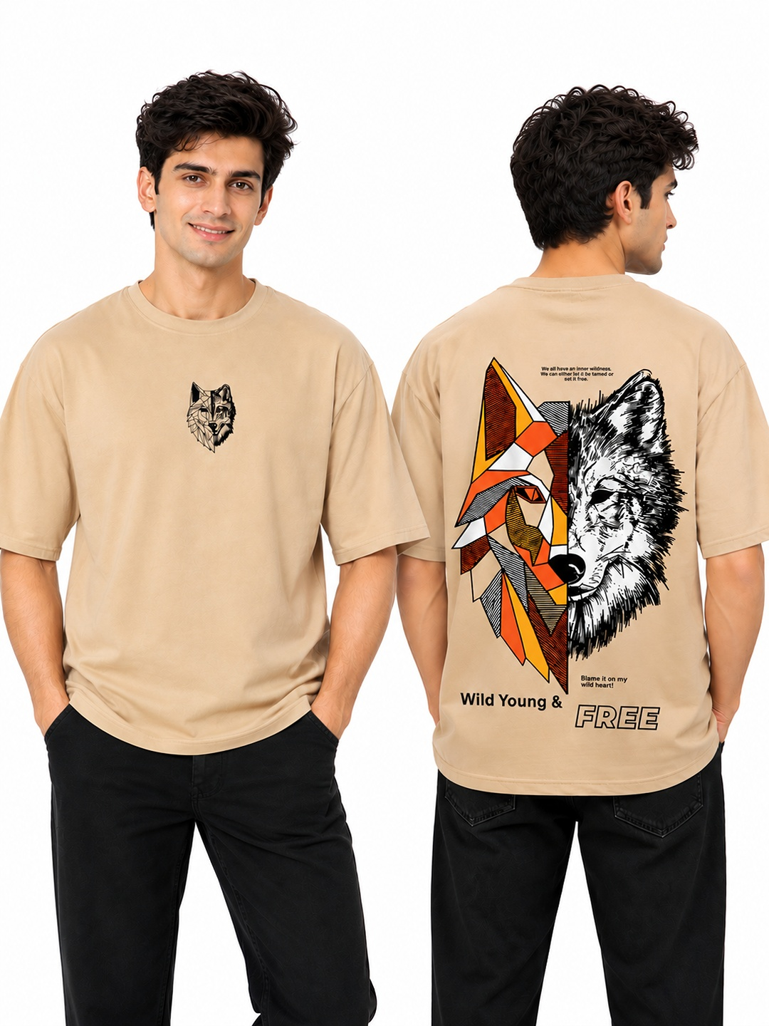 TEDWOODS Men Wolf Printed T-Shirt (Beige & Black)