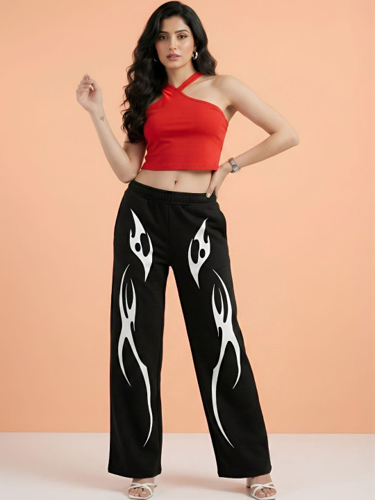 TEDWOODS Women Abstract Graphic Printed Track Pants (Black & White)
