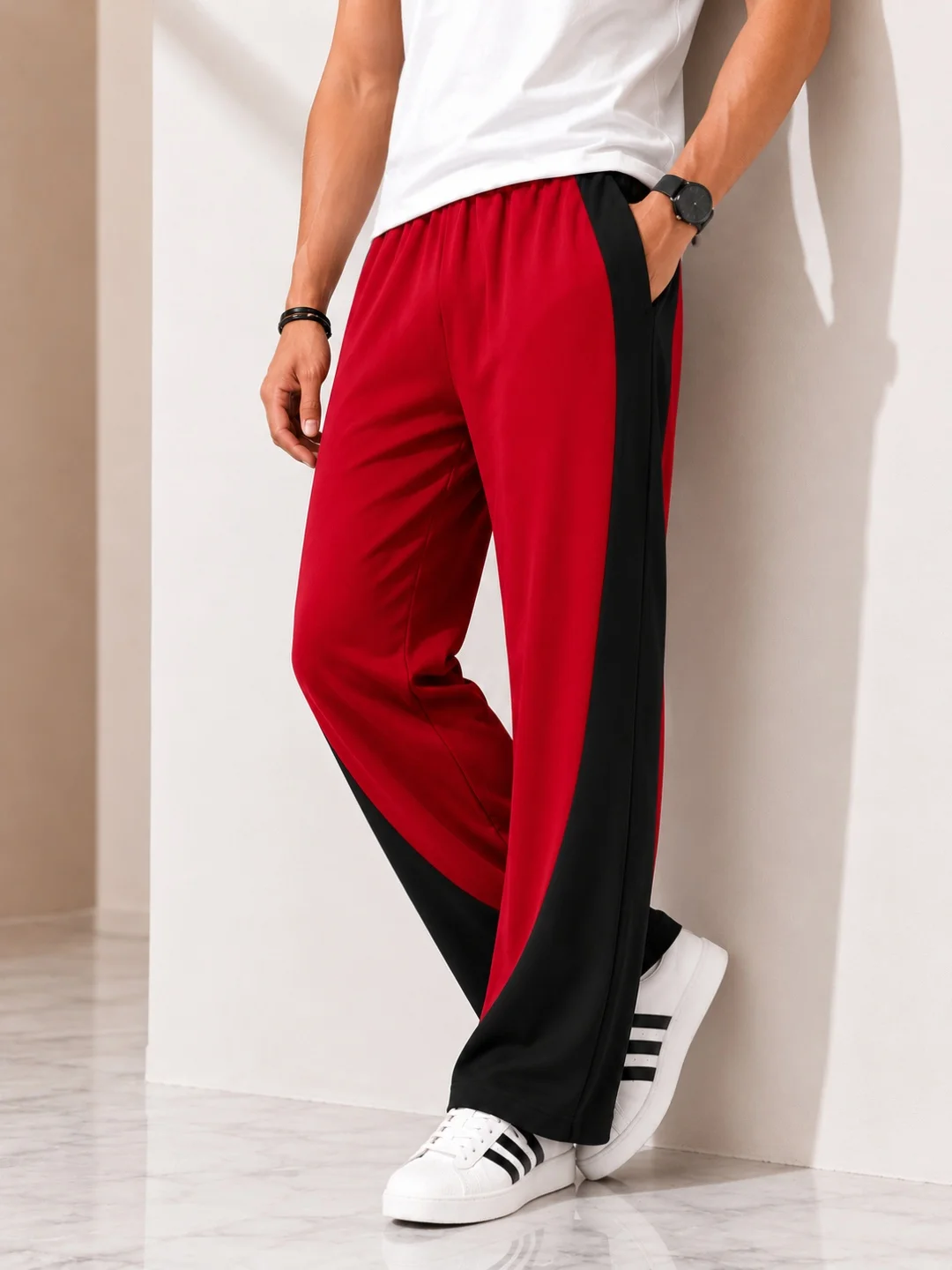 TEDWOODS Men Wide Leg Colourblocked Training Track Pants (Red & Black)