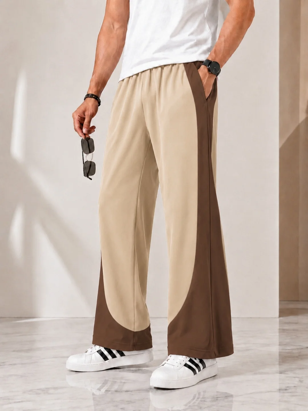 TEDWOODS Men Wide Leg Colourblocked Track Pants (Beige & Brown)
