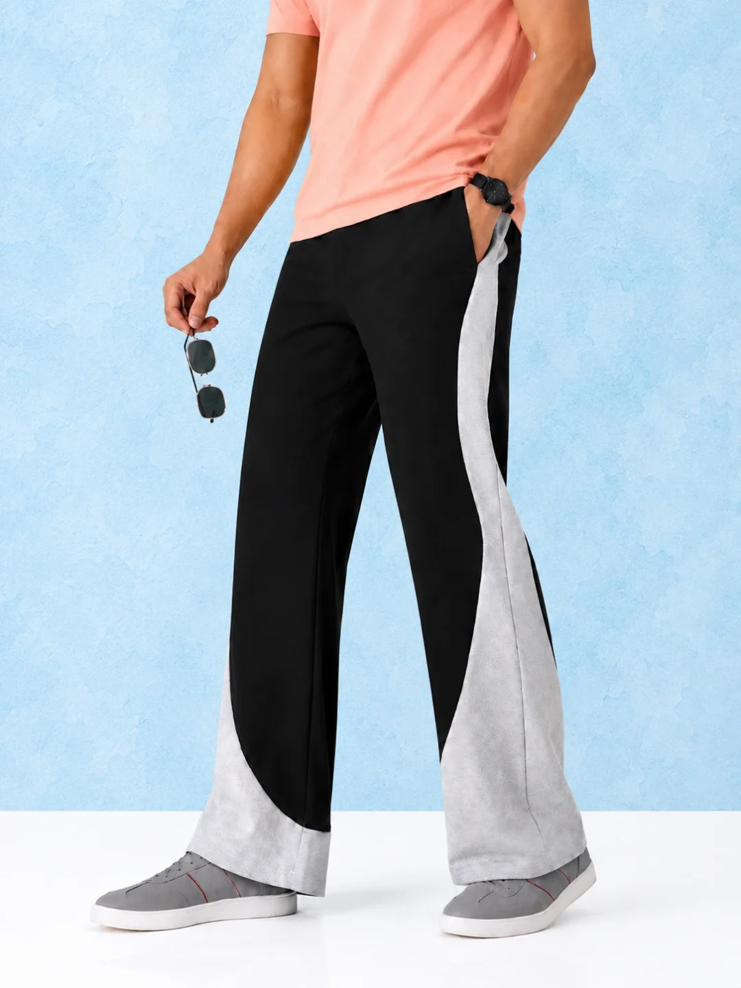 TEDWOODS Men Colourblocked Wide Leg Track Pants (Black & Grey)