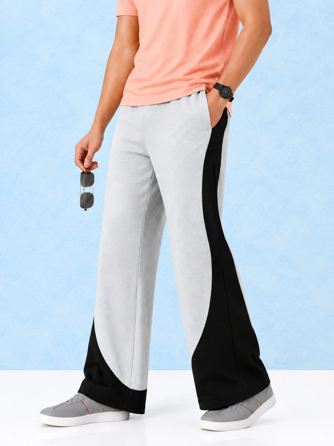 TEDWOODS Men Colourblocked Wide Leg Track Pants (Grey & Black)