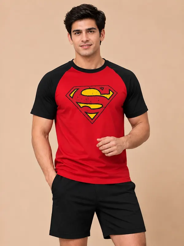 TEDWOODS Men Brand Logo Superman Printed T-shirt (Red & Black)