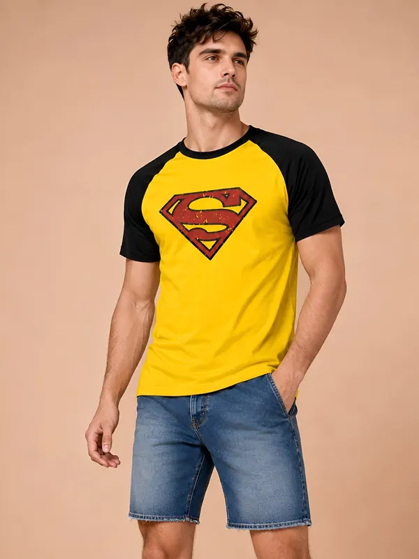 TEDWOODS Men Brand Logo Superman Colourblocked T-shirt (Yellow & Black)