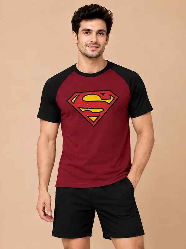 TEDWOODS Men Brand Logo Superman Printed T-shirt (Maroon & Black)
